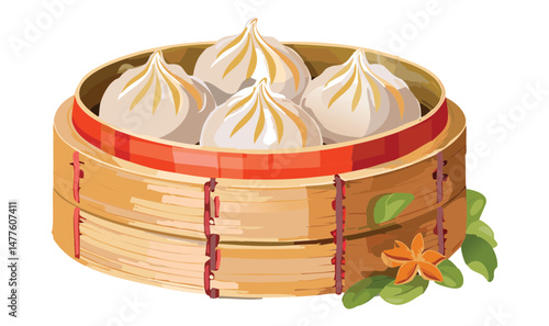 Chinese Steamed Dumplings Served in Traditional Bamboo Basket - Vector Illustration