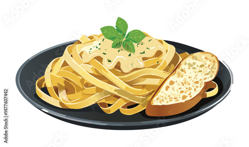 Creamy Fettuccine Pasta Served with Garlic Bread Slice - Vector Illustration