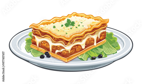 Cheesy Baked Lasagna Served with Leafy Greens - Vector Illustration
