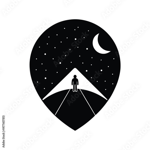 A minimalist silhouette design of a hang glider pilot soaring under a starry night sky with the moon.