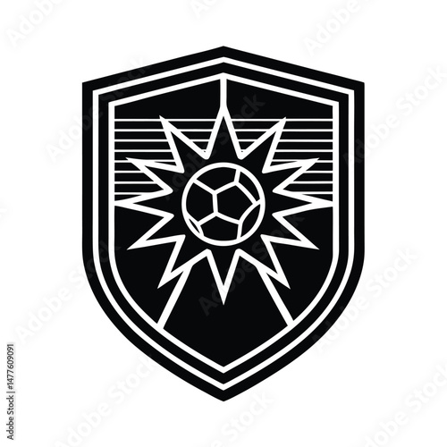 Minimalist soccer logo design featuring a football and sun symbol within a shield shape silhouette