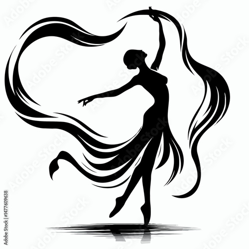 Dancing woman silhouette with flowing ribbons
