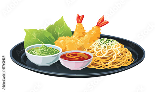 Tempura Shrimp Served with Noodles and Two Sauces - Vector Illustration