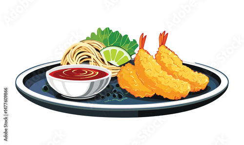 Fried Tempura Shrimp with Dipping Sauce and Lime - Vector Illustration