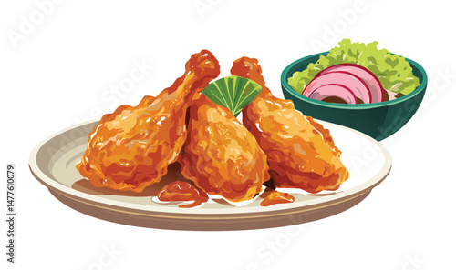 Fried Chicken Drumsticks in Sauce with Onion Pickles - Vector Illustration