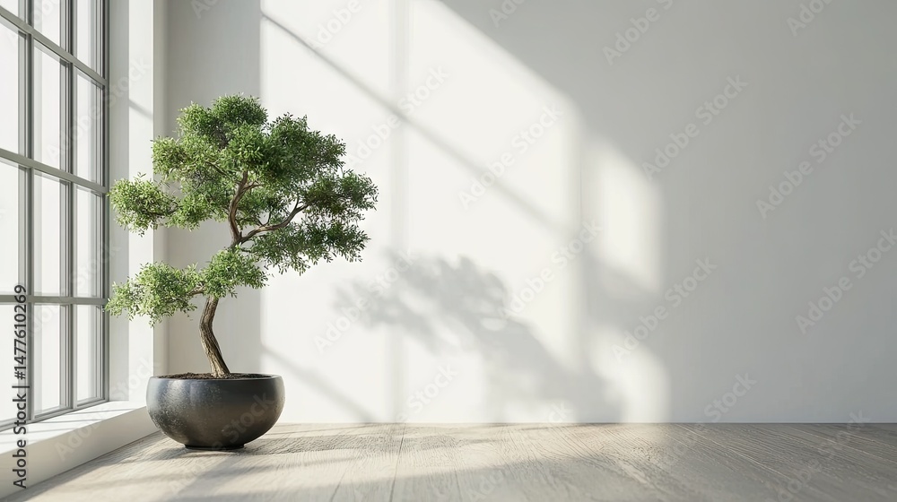 Fototapeta premium A serene indoor space featuring a beautifully shaped bonsai tree in a modern black pot. illuminated by soft sunlight streaming through large windows. creating a peaceful atmosphere
