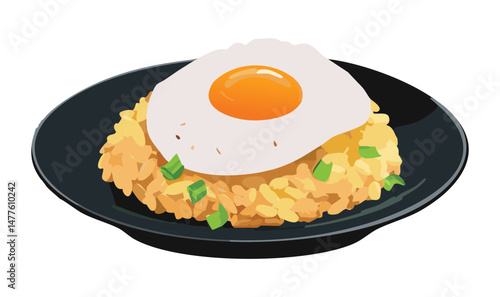 Classic Fried Rice with Sunny-Side-Up Egg Topping - Vector Illustration