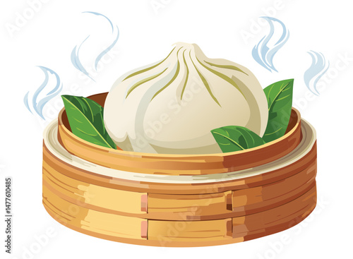 Steamed White Bao Bun in Bamboo Basket - Vector Illustration