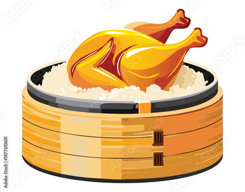 Whole Chicken on Steamy Bamboo Basket - Vector Illustration