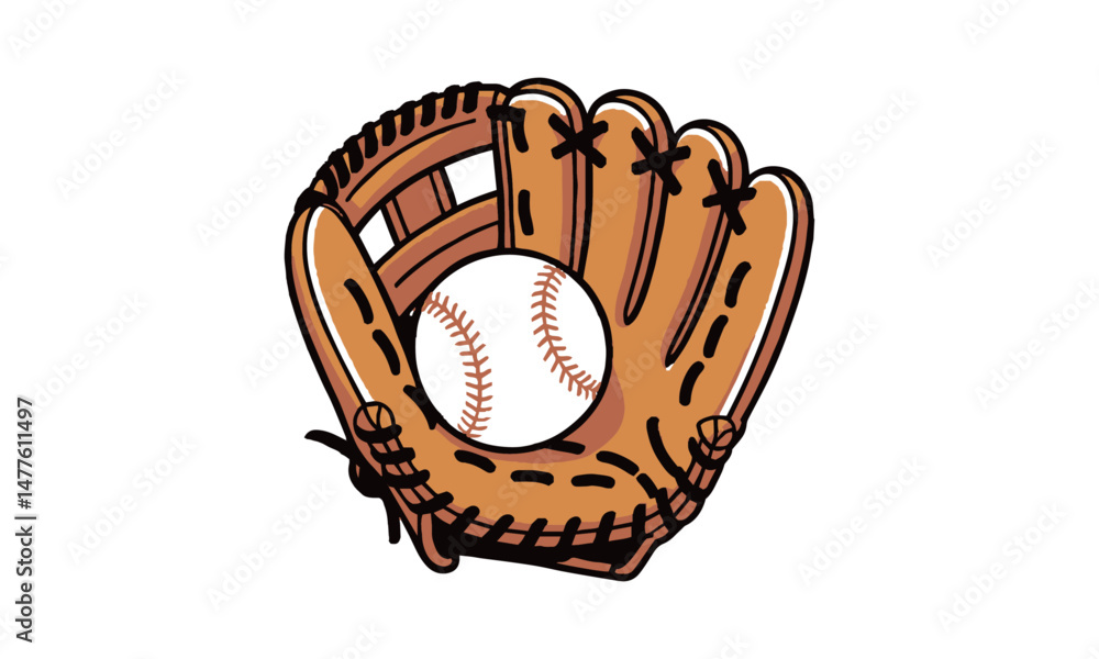 Αυτοκόλλητο Modern vector illustration of a brown leather baseball glove catching a white baseball, easily scalable and editable