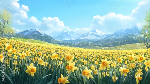 A vast field of daffodils beneath snowy mountains.