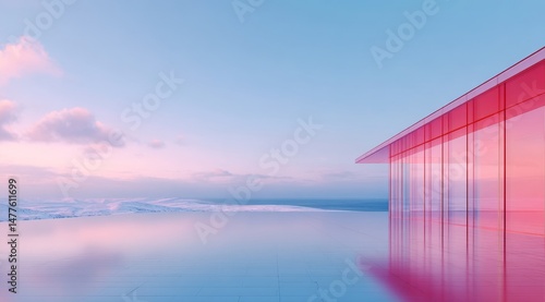 Modern Glass Building with Reflective Pool at Sunset