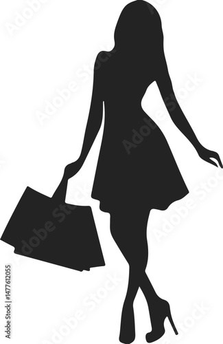 Silhouette of fashionable women shopping with bags, stylish female shoppers walking in heels black vector illustration

