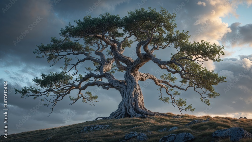 Fototapeta premium Ancient tree with gnarled branches reaching towards a dramatic sky. A timeless image evoking strength and resilience.