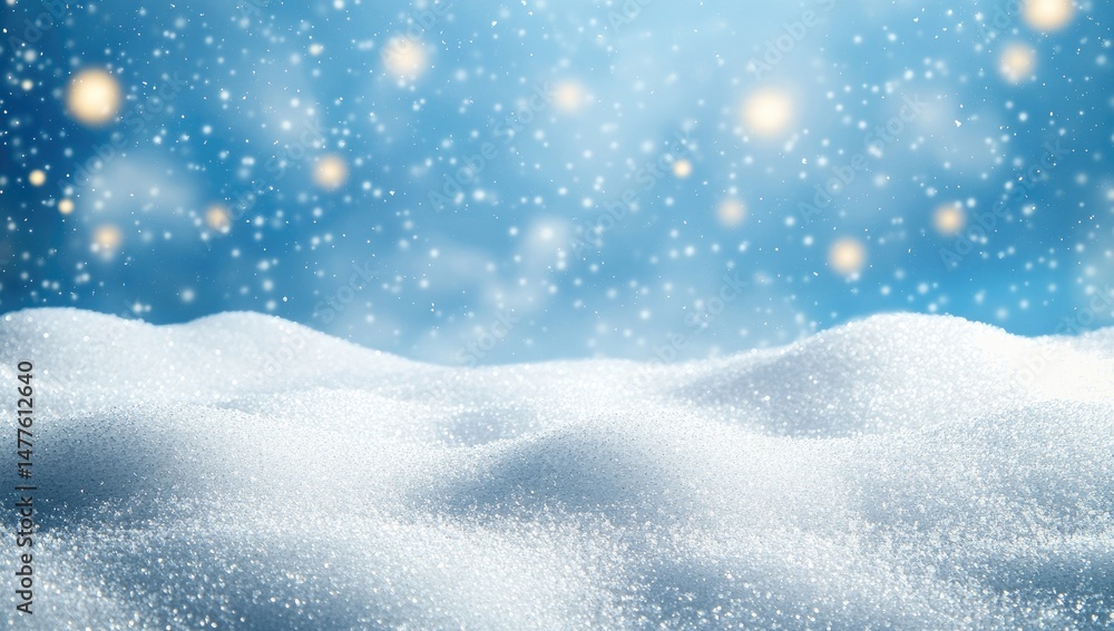 Fototapeta premium A serene winter landscape featuring a soft blanket of snow glistening under gentle snowfall. with blurred warm lights in the background creating a magical atmosphere