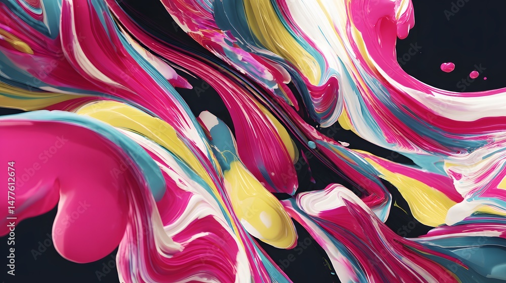 Fototapeta premium Colorful Paint Swirls: A vibrant explosion of pink, teal, yellow, and white paint in dynamic fluid motion.