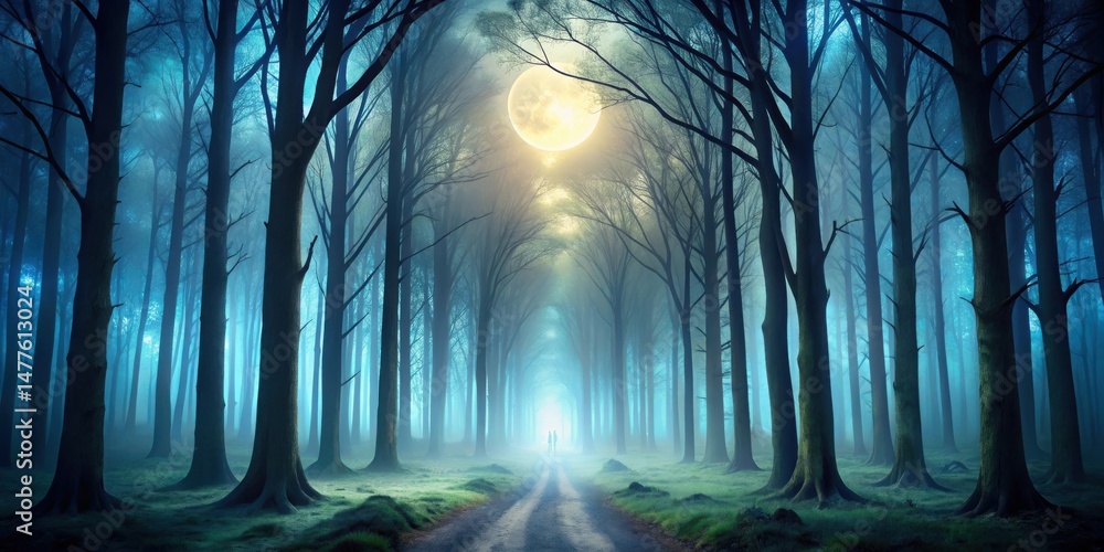 Obraz premium Enchanted Forest Path Under a Full Moon's Glow Two Figures Walk Towards a Mystical Light at the End of a Misty, Tree-Lined Road