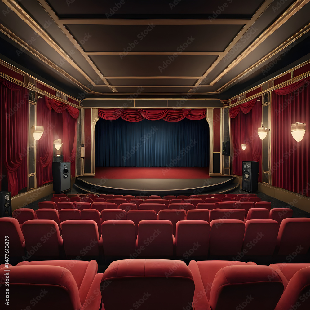 Fototapeta premium Elegant Empty Vintage Movie Theater Auditorium Red Seats Stage Curtains