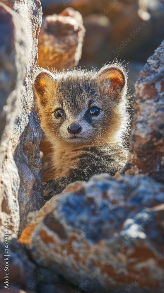 Curious Kit Fox peering from a rocky refuge on a sunlit day Curious Kit Fox peering from a rocky refuge on a sunlit day