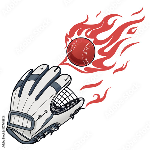 A close-up shot of a goalie's glove dramatically catching a fiery ball mid-flight, sparks and smoke billowing.  The glove is worn, showing signs of intense action.