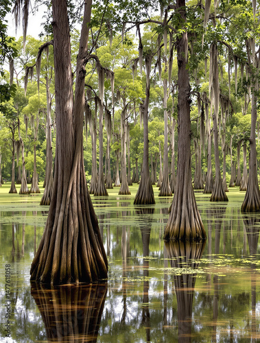 Majestic Bald Cypress Trees in Florida Swamp with Morning Reflections