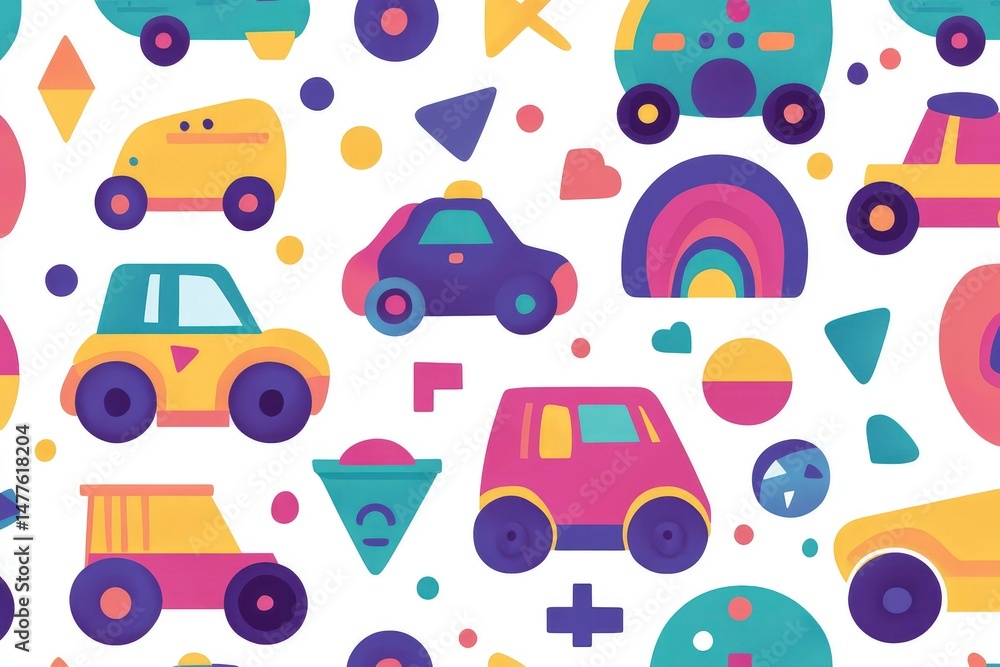 Naklejka premium vehicles with shapes like circles, squares, and triangles, vibrant colors, seamless pattern for children's educational decor