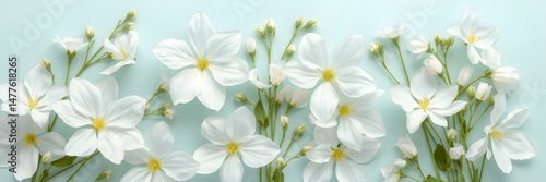 Floral Elegance: A delicate composition of white star jasmine flowers blooms, captured against a soft pastel backdrop, showcasing nature's intricate beauty.