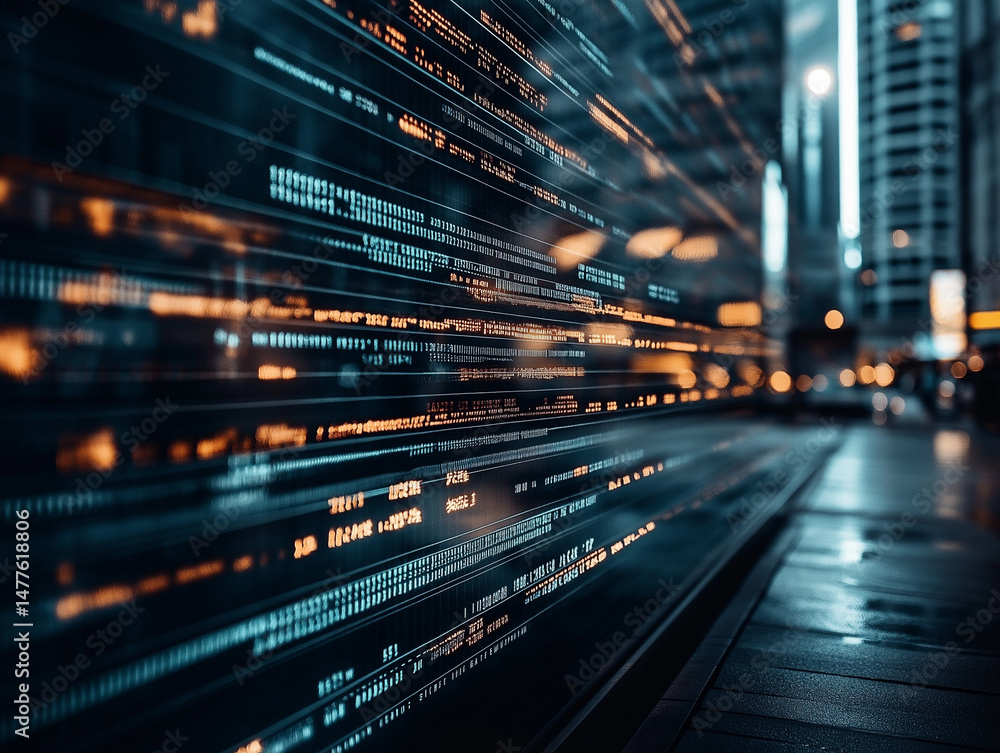 Fototapeta premium A blurred image with streaks of light representing fast digital data, and code lines in the background. 
