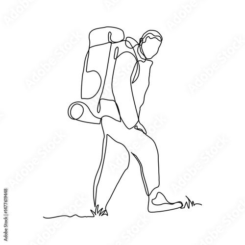 Continuous one line drawing of traveling man with backpack. Single one line art of man success to hiking on top of mountain. Vector illustration editable stroke