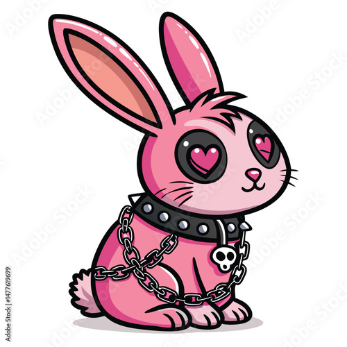 Create a gothic-style illustration of a bunny rabbit adorned with chains, piercings, and a prominent heart-shaped detail.  Focus on dark, dramatic lighting.