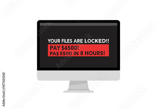 Dramatic computer screen displays a ransom message. A ticking clock adds urgency. Dark background, minimalist design. Suitable for cybersecurity, data breach, or warning themes.