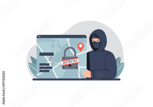 A hooded figure hacks a locked website displaying a map with restricted data. Illustrative, digital art. Secure data, cyber threat, digital security.