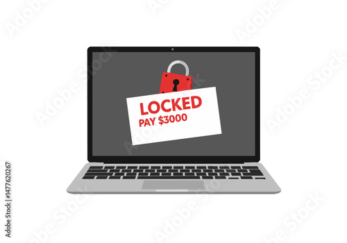 Laptop displays a ransom demand. A locked screen with a red padlock and text reads 'Locked. Pay $3000 Data Deleted.'  A stark, digital security warning.