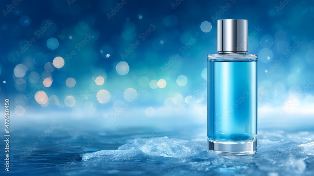 Elegant Blue Fragrance Bottle on Soft Surface with Bokeh Background Elegant Blue Fragrance Bottle on Soft Surface with Bokeh Background