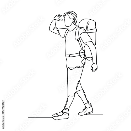 Continuous one line drawing of traveling man with backpack. Single one line art of man success to hiking on top of mountain. Vector illustration editable stroke