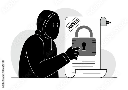 A shadowy hacker silhouette manipulates data behind a locked document. Illustrative, modern, and impactful. Perfect for cybersecurity themes.