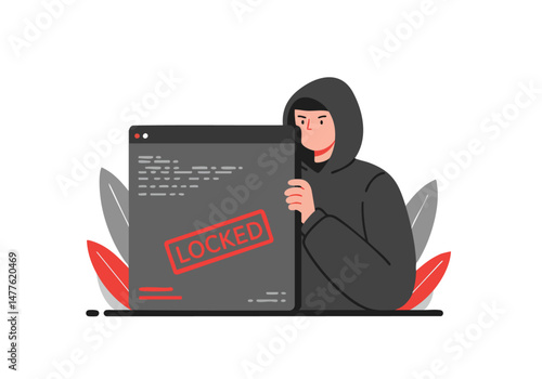 A silhouetted hacker peers at a locked computer screen displaying code. A modern, stylized illustration with a digital backdrop. Suitable for tech, security, and digital concepts.