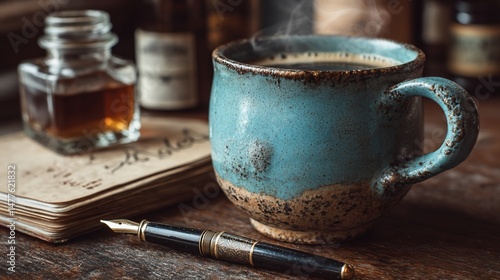 Steaming mug of coffee, vintage notepad, fountain pen