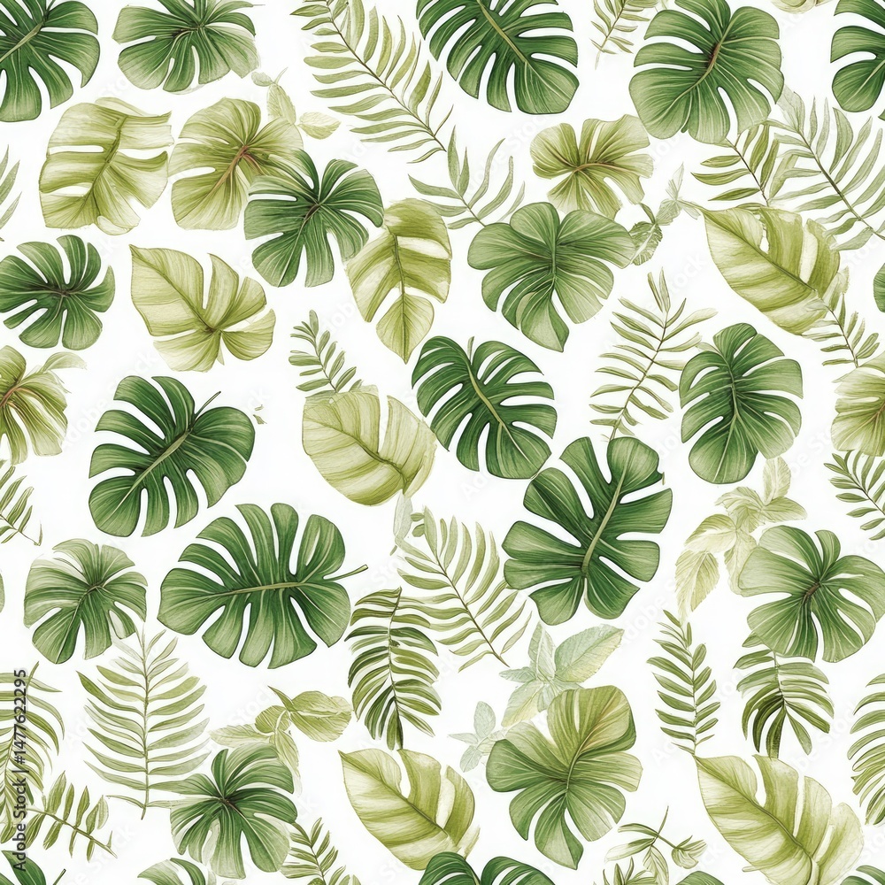 Watercolor illustration showcases a seamless pattern of tropical leaves in various shades of green, perfect for brightening up any space SEAMLESS PATTERN Watercolor illustration showcases a seamless pattern of tropical leaves in various shades of green, perfect for brightening up any space SEAMLESS PATTERN