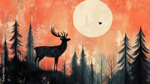 Silhouetted deer in a misty forest at sunrise