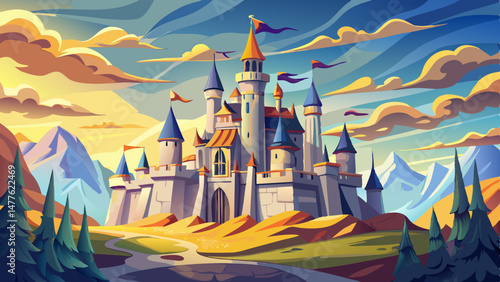 A grand and enchanting castle stands majestically under the sky, with towering turrets reaching into the clouds. Each spire is adorned with golden flags fluttering in the breeze, telling tales of forg