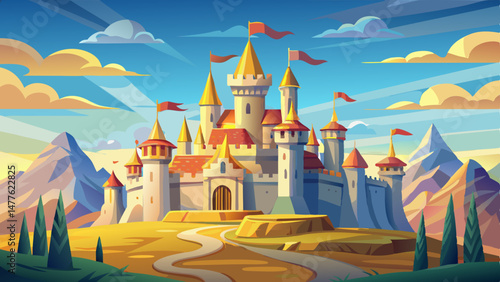 A grand and enchanting castle stands majestically under the sky, with towering turrets reaching into the clouds. Each spire is adorned with golden flags fluttering in the breeze, telling tales of forg