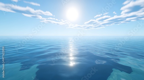 A digital rendering of a serene, placid ocean expanse beneath a bright, sunny sky.