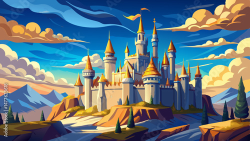 A grand and enchanting castle stands majestically under the sky, with towering turrets reaching into the clouds. Each spire is adorned with golden flags fluttering in the breeze, telling tales of forg