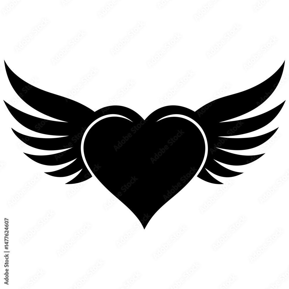 Fototapeta premium Winged heart black silhouette vector illustration