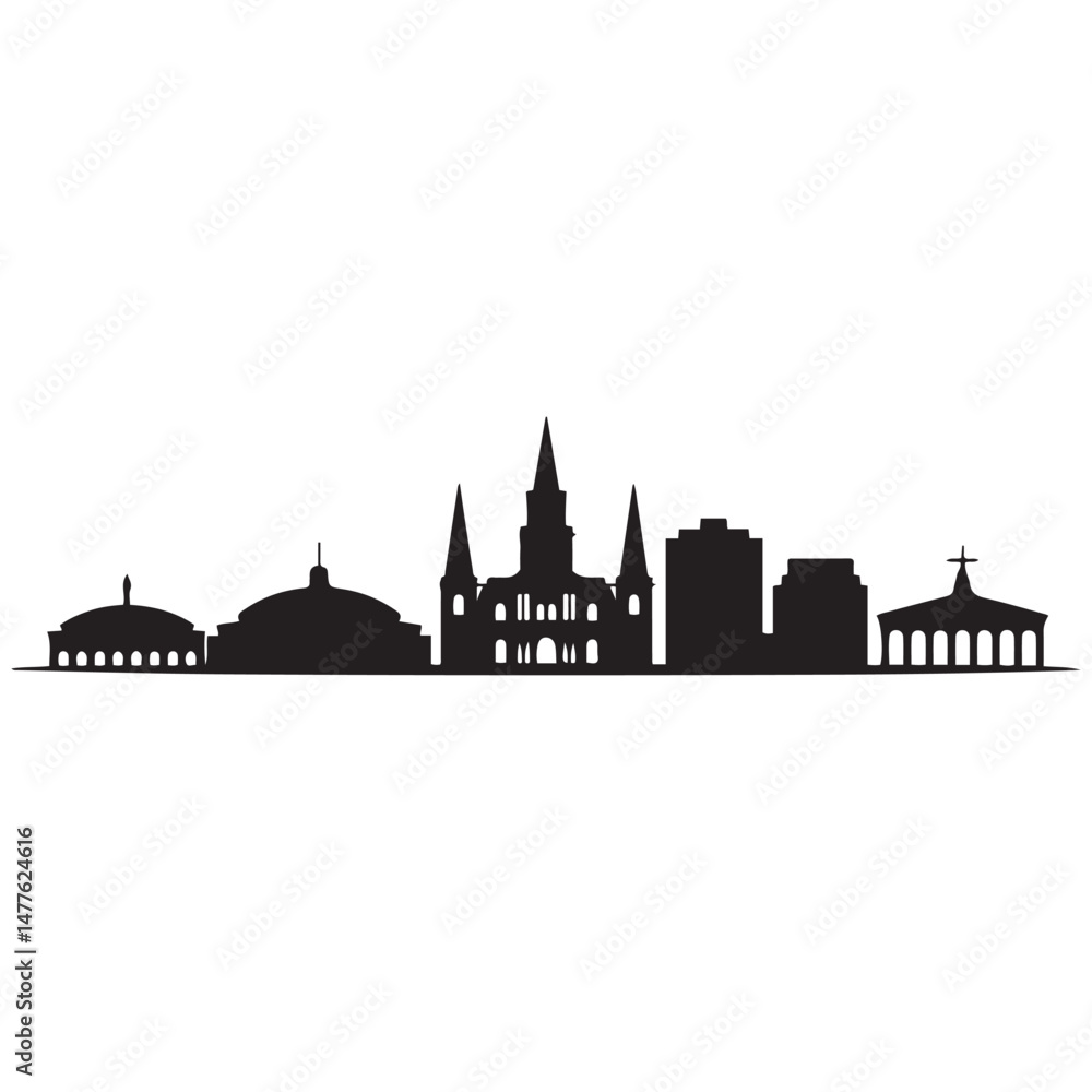 Obraz premium Vector New Orleans skyline. Travel New Orleans famous landmarks. Business and tourism concept for presentation, banner, web site. Vector black silhouette. with white background
