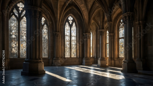 Sunlit Gothic Hallway Architecture .Generated with AI