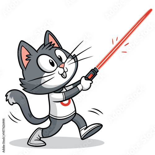 A dynamic graffiti-style illustration of a cartoon cat intensely chasing a red laser pointer dot.  The artwork should have a vibrant, urban feel.