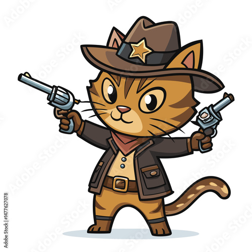 Create a graffiti-style illustration of a tough, wild west sheriff cat wearing a sheriff's star, wielding two revolvers, with a gritty, textured background.