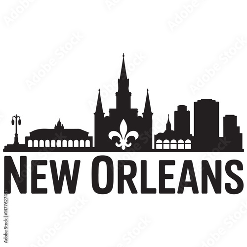 Vector New Orleans skyline. Travel New Orleans famous landmarks. Business and tourism concept for presentation, banner, web site.  Vector black silhouette. with white background